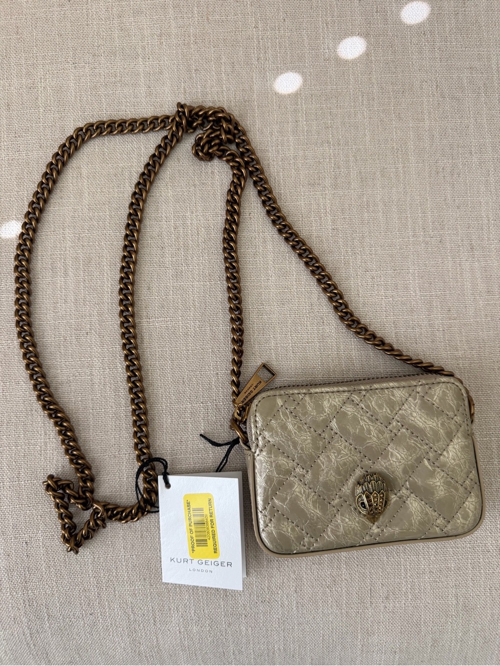 Kurt Geiger Metallic Gold Quilted Mini Crossbody with Chain Strap